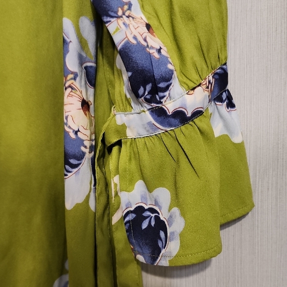LOFT Green Floral Mini Dress with Tie Sleeves - Picture 6 of 10